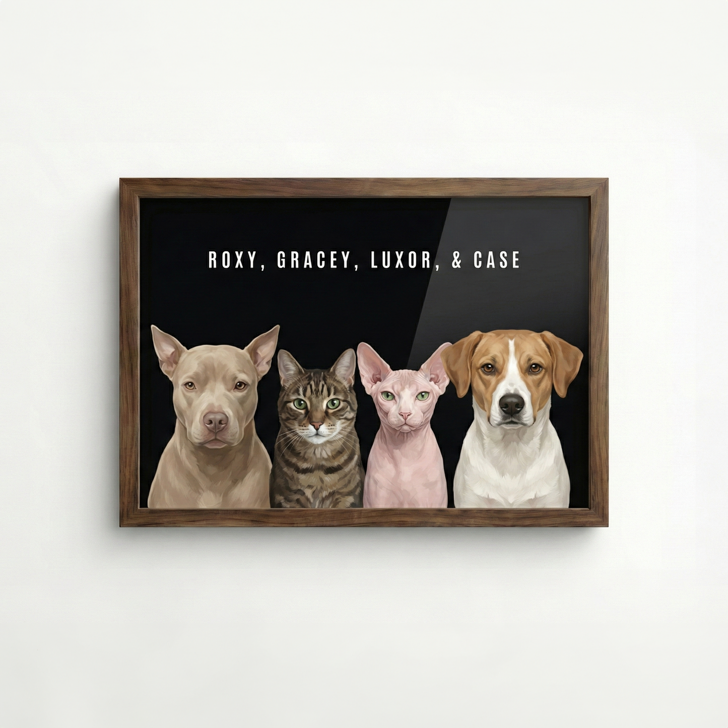 Custom pet portrait print example for 4 pets - black background