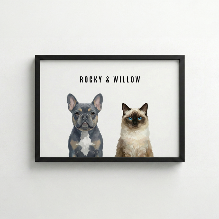 Custom pet portrait print example for 2 pets - white background