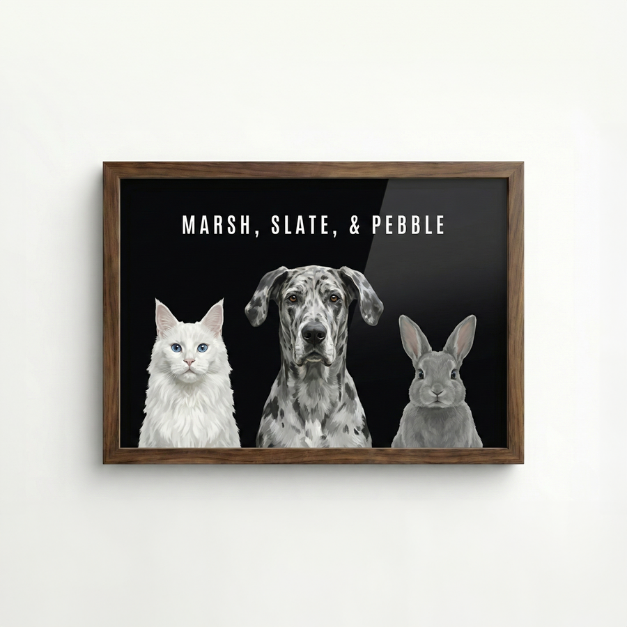 Custom pet portrait print example for 3 pets - black background