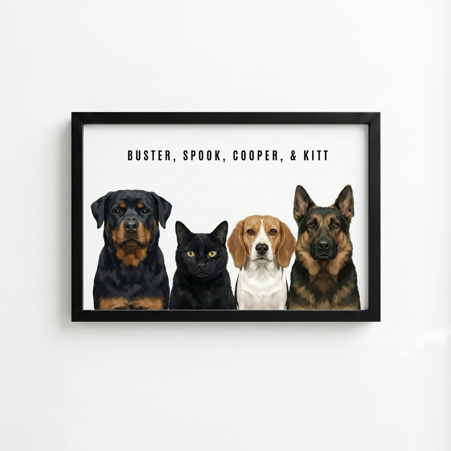 Custom pet portrait print example for 4 pets - white background