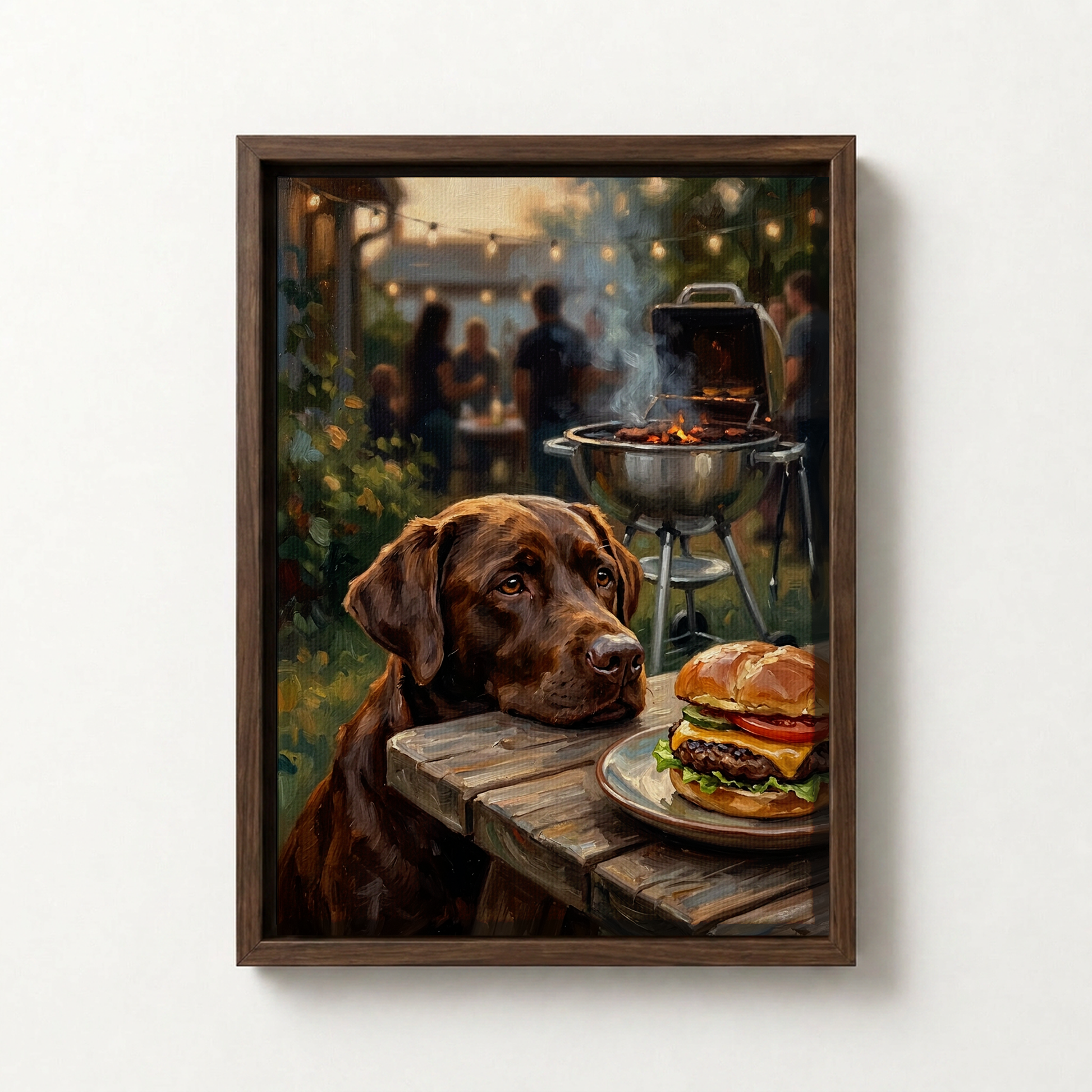 Goodboy Gallery product photo - Backyard Burger Night Portrait for 1 Pet - Framed Canvas - Dark Wood