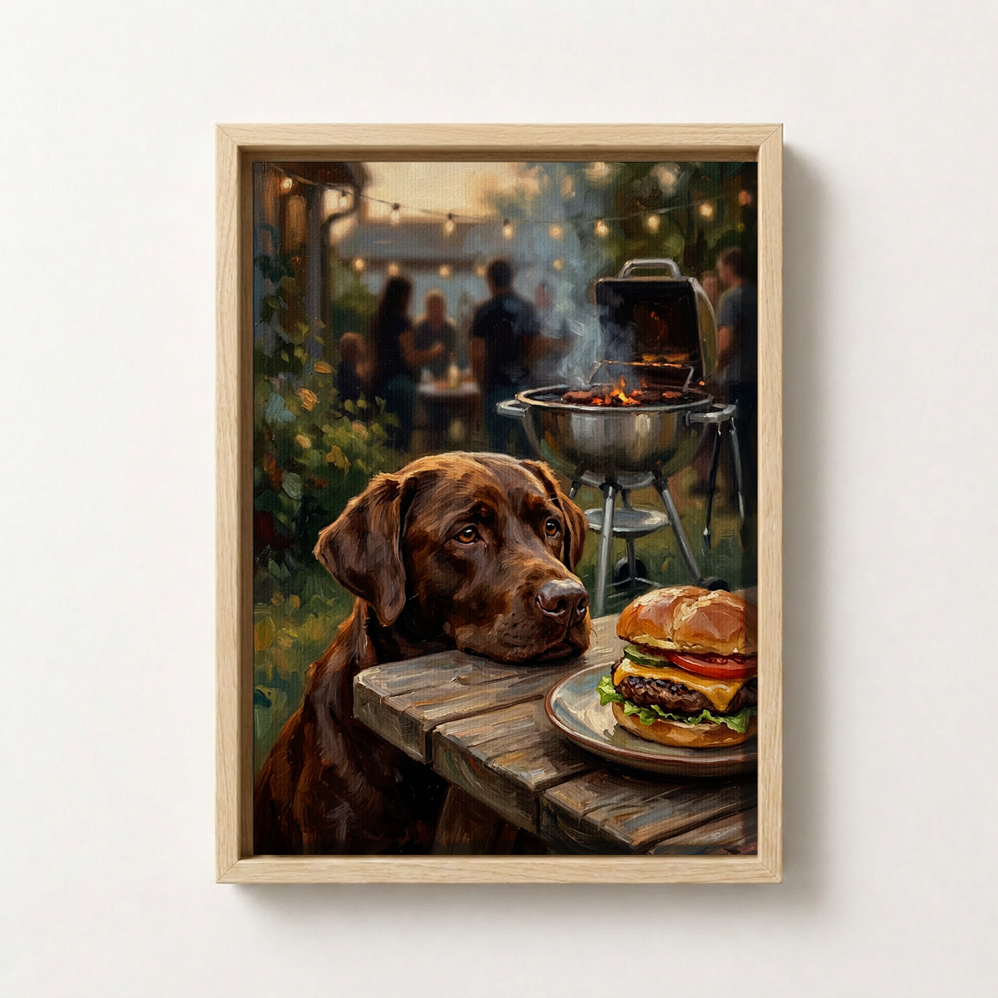 Goodboy Gallery product photo - Backyard Burger Night Portrait for 1 Pet - Framed Canvas - Light Wood