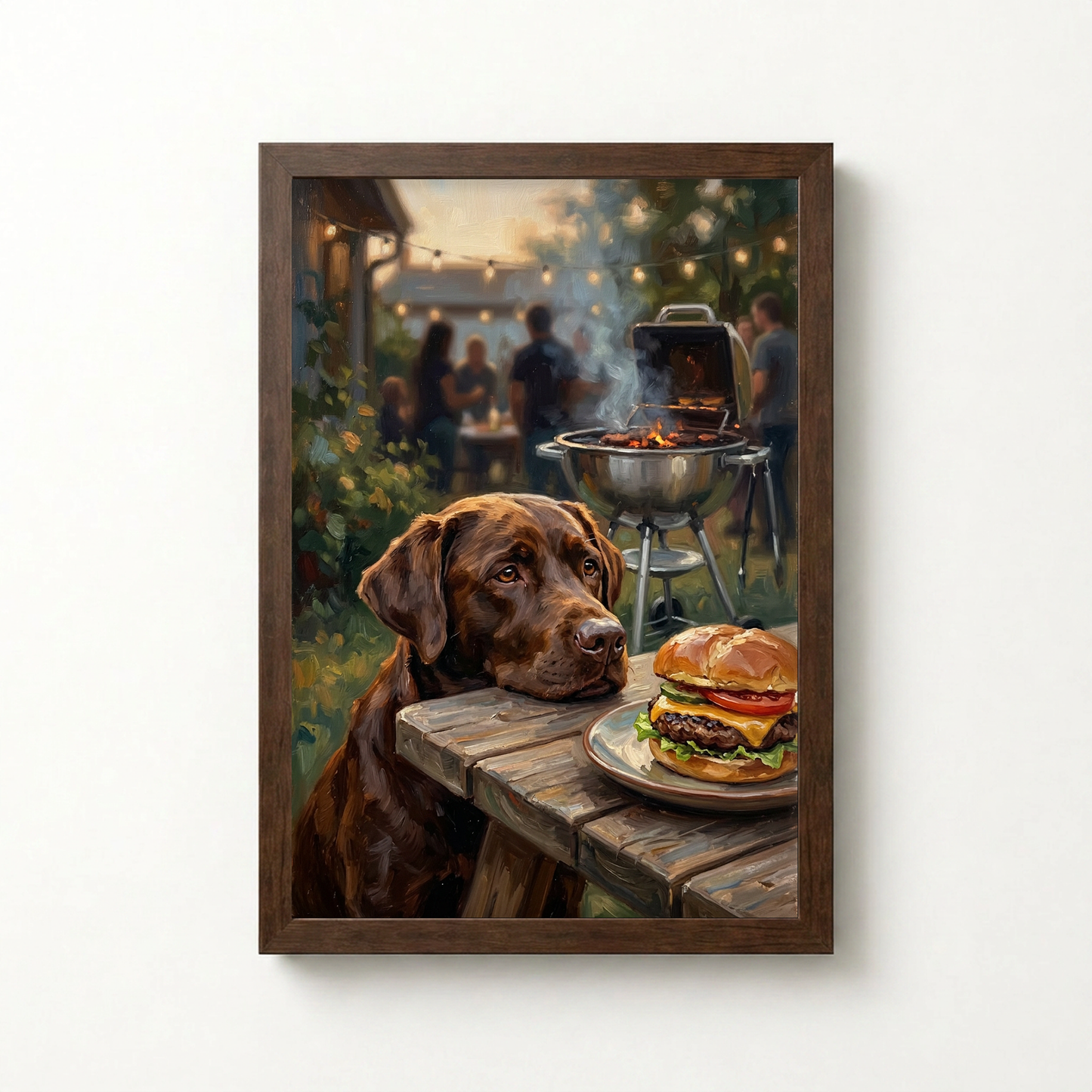 Goodboy Gallery product photo - Backyard Burger Night Portrait for 1 Pet - Framed Poster - Dark Wood