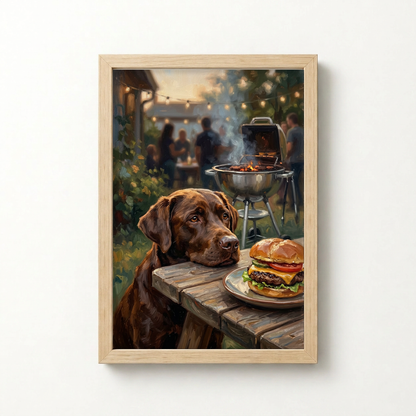 Goodboy Gallery product photo - Backyard Burger Night Portrait for 1 Pet - Framed Poster - Light Wood