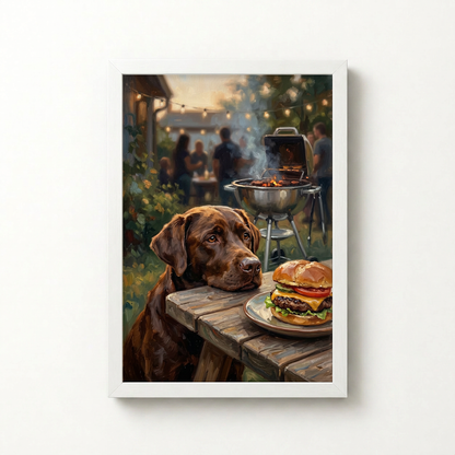 Goodboy Gallery product photo - Backyard Burger Night Portrait for 1 Pet - Framed Poster - Solid White