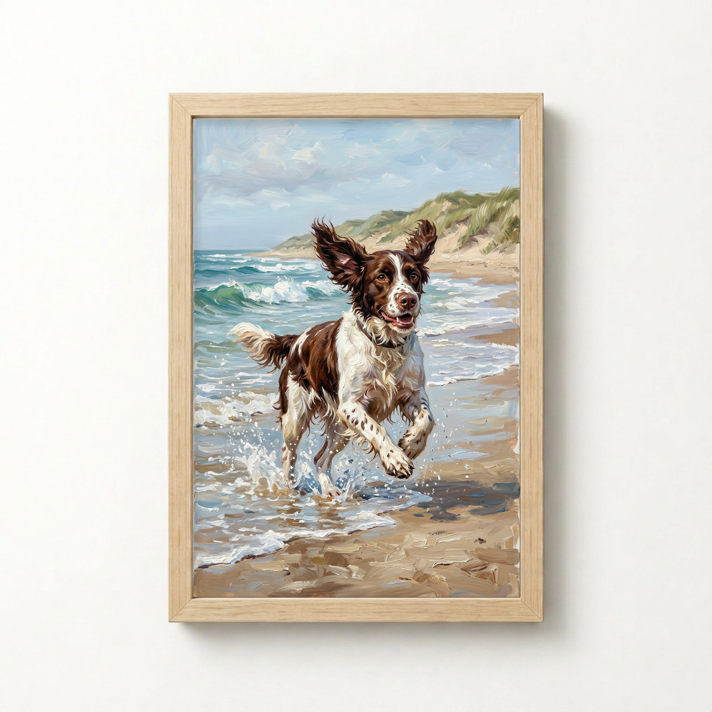Goodboy Gallery product photo - Beach Run Portrait for 1 Pet - Framed Poster - Light Wood