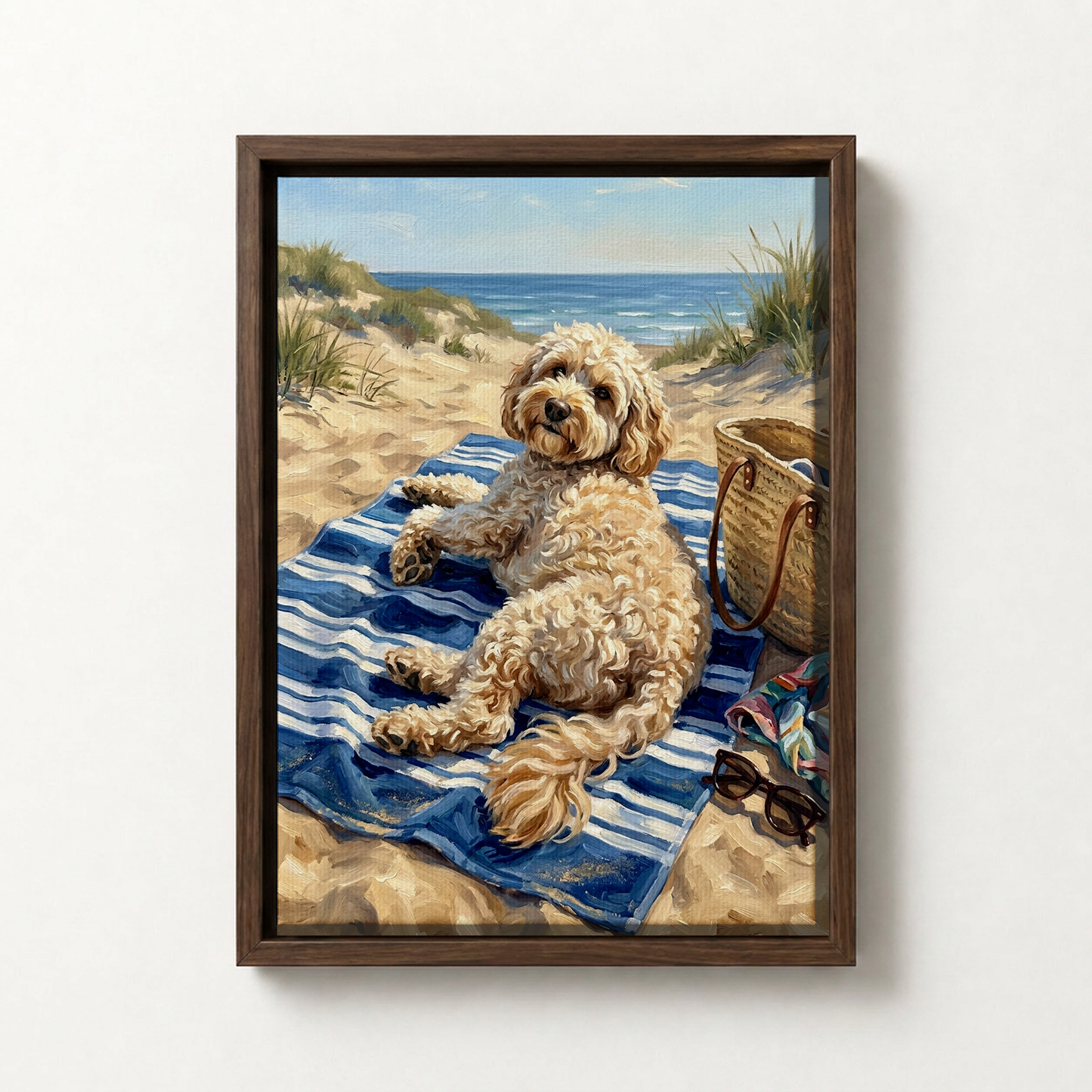 Goodboy Gallery product photo - Beach Towel Takeover Portrait for 1 Pet - Framed Canvas - Dark Wood