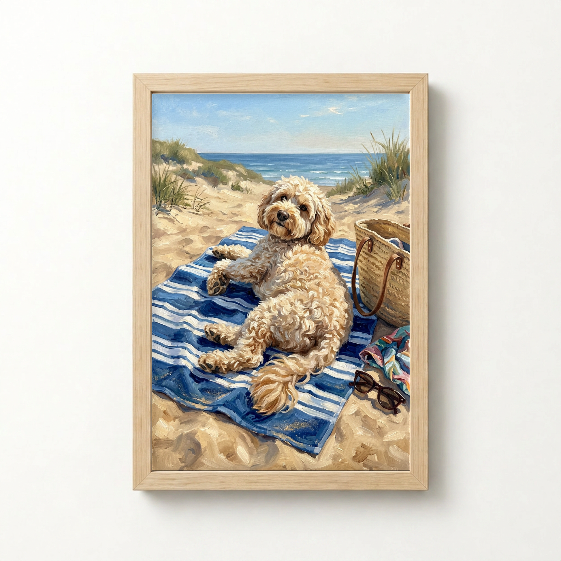 Goodboy Gallery product photo - Beach Towel Takeover Portrait for 1 Pet - Framed Poster - Light Wood