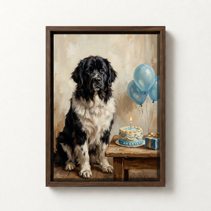 Goodboy Gallery product photo - Birthday Cake Blue Portrait for Big Dogs - Framed Canvas - Dark Wood