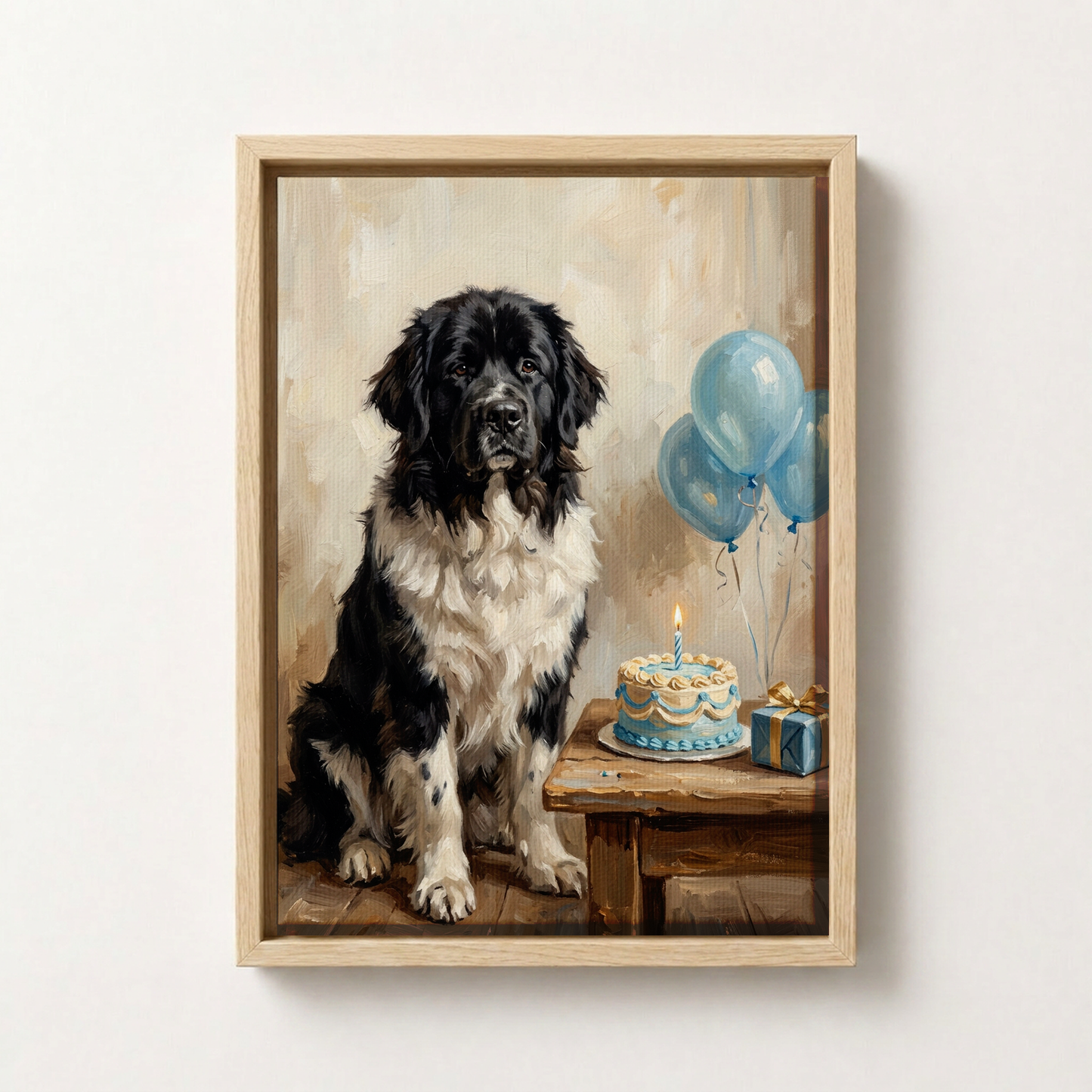 Goodboy Gallery product photo - Birthday Cake Blue Portrait for Big Dogs - Framed Canvas - Light Wood