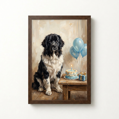 Goodboy Gallery product photo - Birthday Cake Blue Portrait for Big Dogs - Framed Poster - Dark Wood