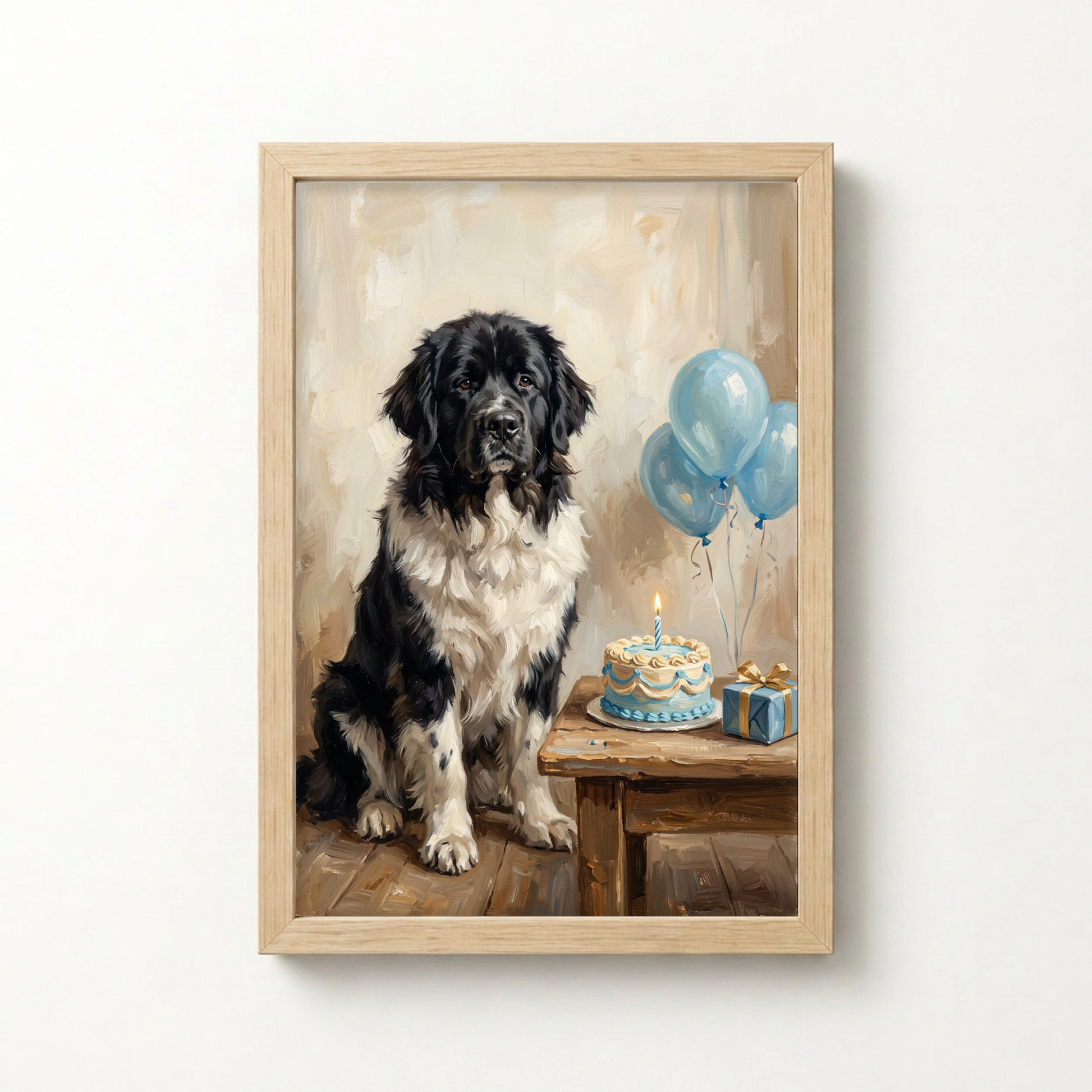 Goodboy Gallery product photo - Birthday Cake Blue Portrait for Big Dogs - Framed Poster - Light Wood