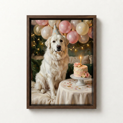 Goodboy Gallery product photo - Birthday Cake Pink Portrait for Big Dogs - Framed Canvas - Dark Wood