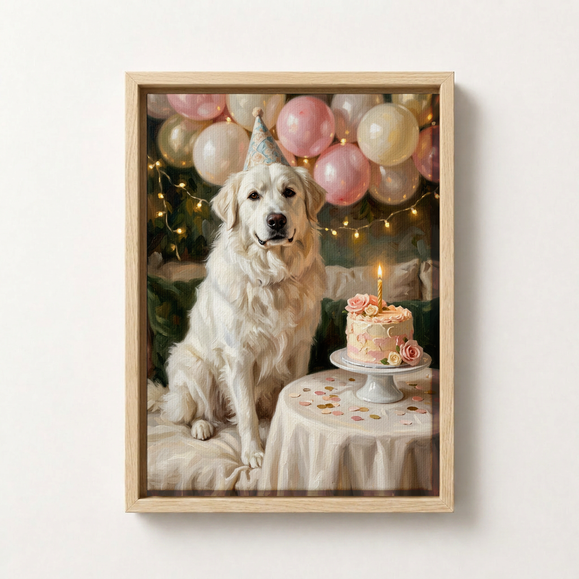 Goodboy Gallery product photo - Birthday Cake Pink Portrait for Big Dogs - Framed Canvas - Light Wood