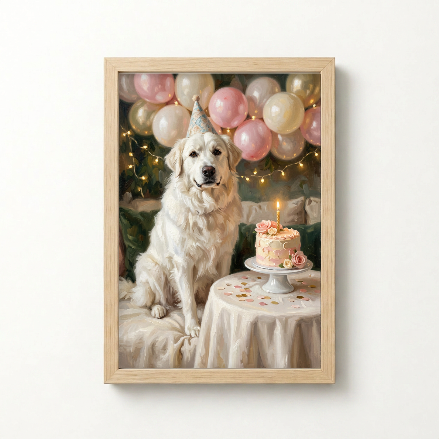 Goodboy Gallery product photo - Birthday Cake Pink Portrait for Big Dogs - Framed Poster - Light Wood