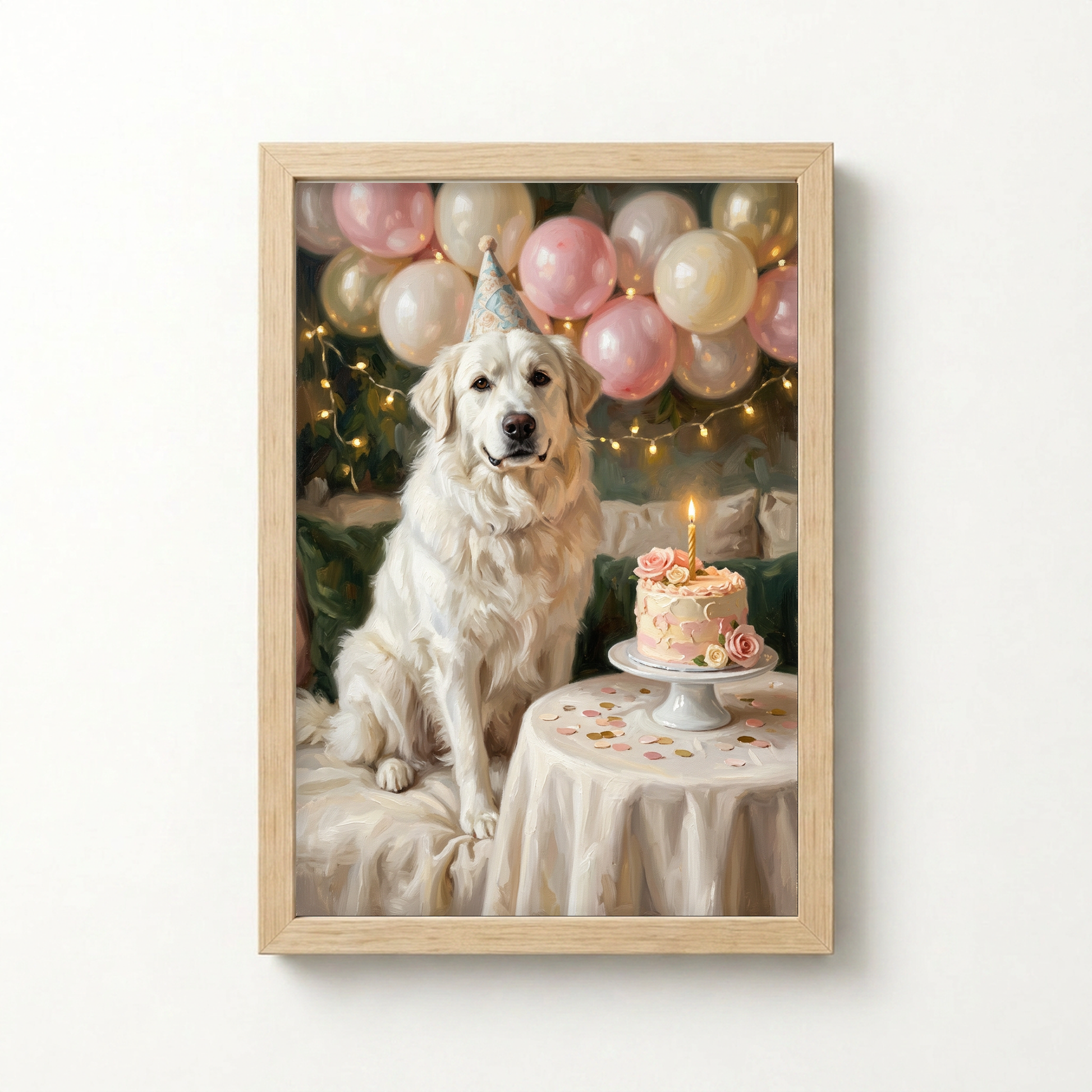 Goodboy Gallery product photo - Birthday Cake Pink Portrait for Big Dogs - Framed Poster - Light Wood