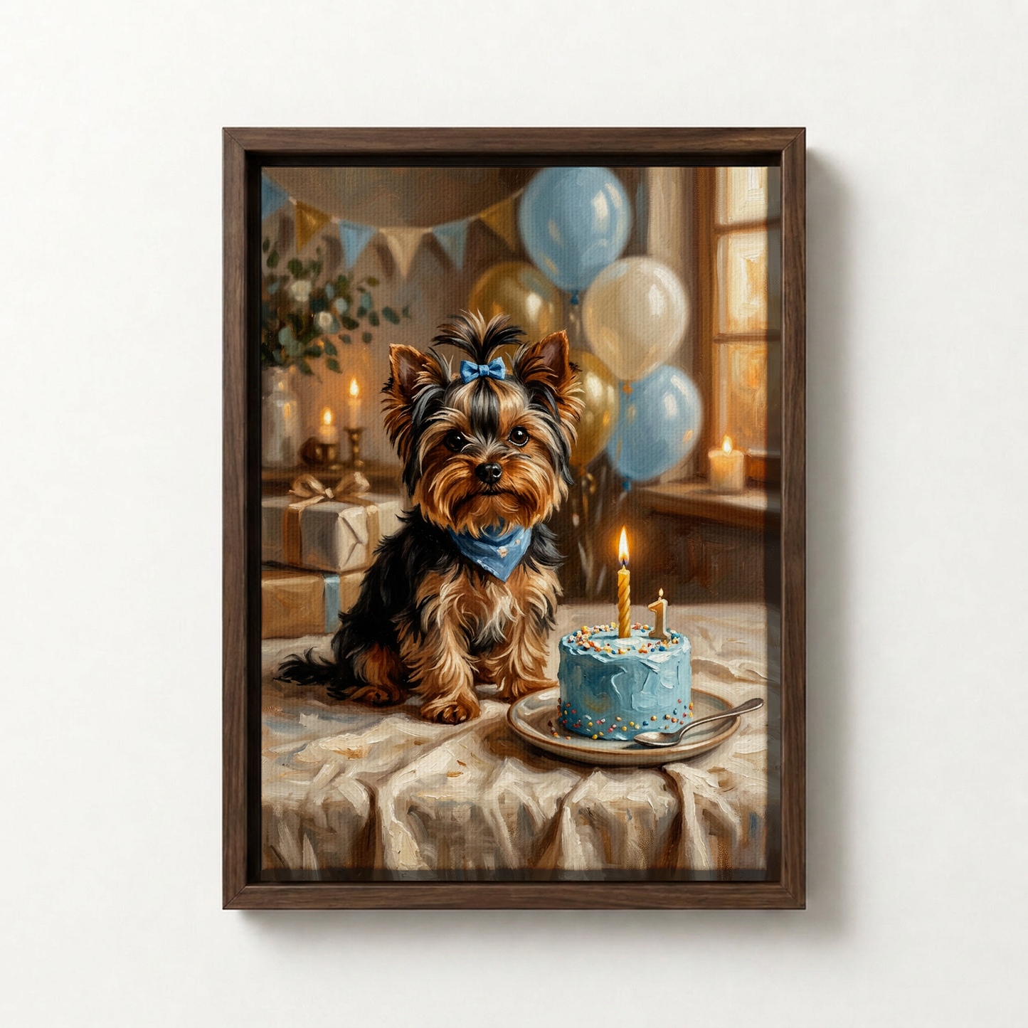 Goodboy Gallery product photo - Birthday Cake Blue Portrait for Small Pets - Framed Canvas - Dark Wood