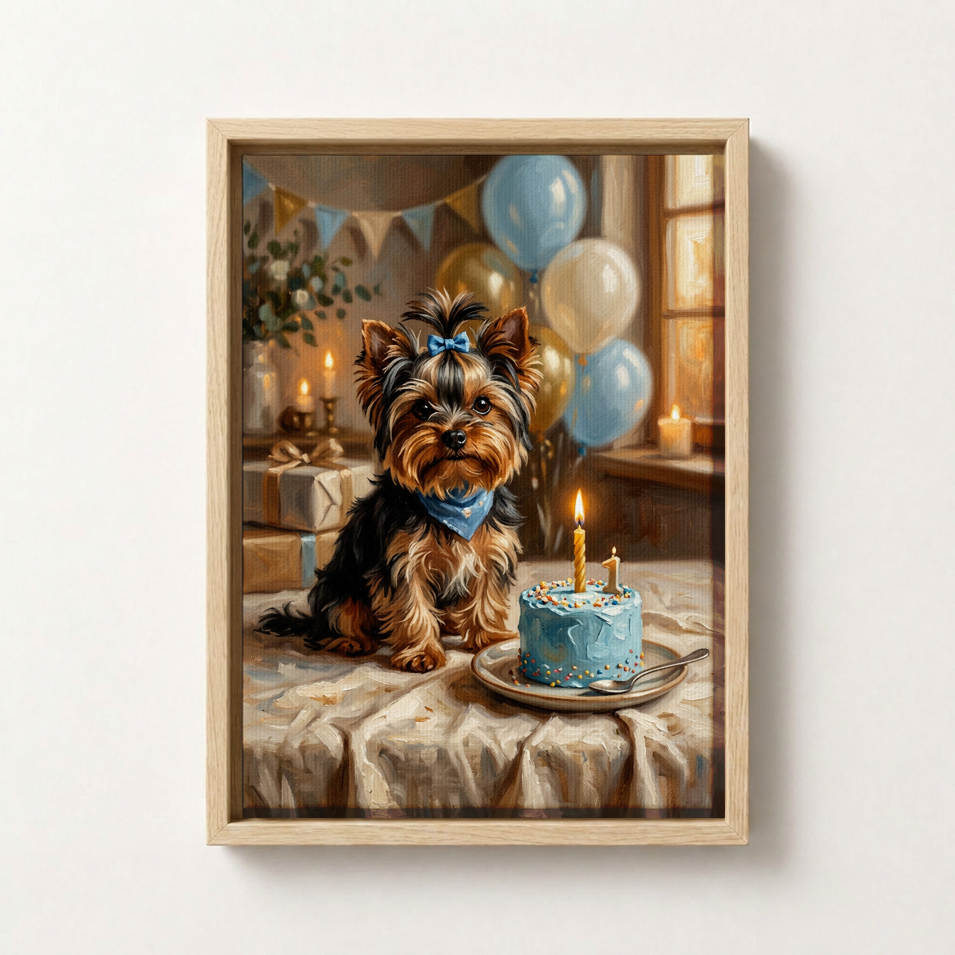 Goodboy Gallery product photo - Birthday Cake Blue Portrait for Small Pets - Framed Canvas - Light Wood