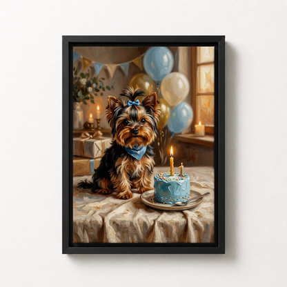 Goodboy Gallery product photo - Birthday Cake Blue Portrait for Small Pets - Framed Canvas - Solid Black