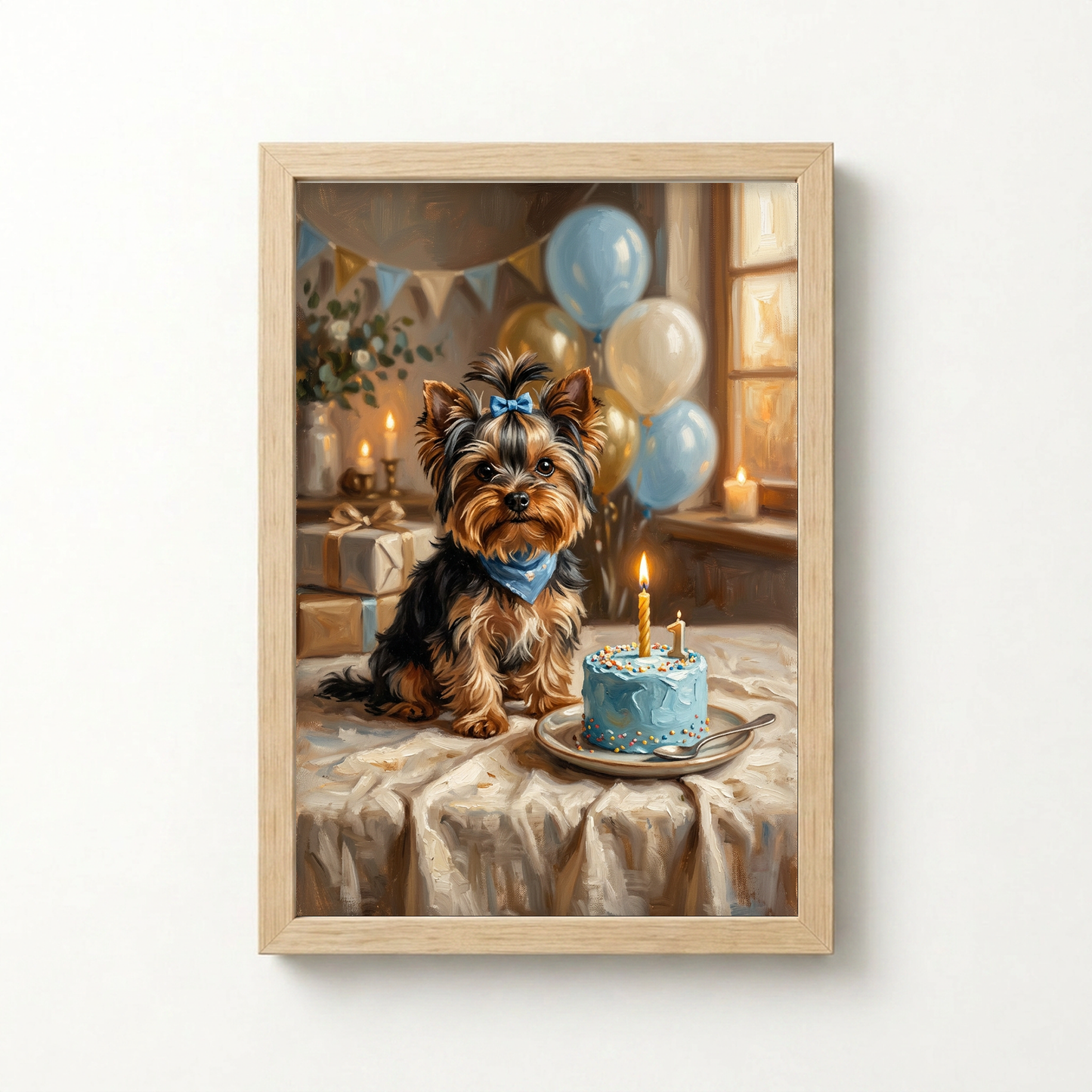 Goodboy Gallery product photo - Birthday Cake Blue Portrait for Small Pets - Framed Poster - Light Wood