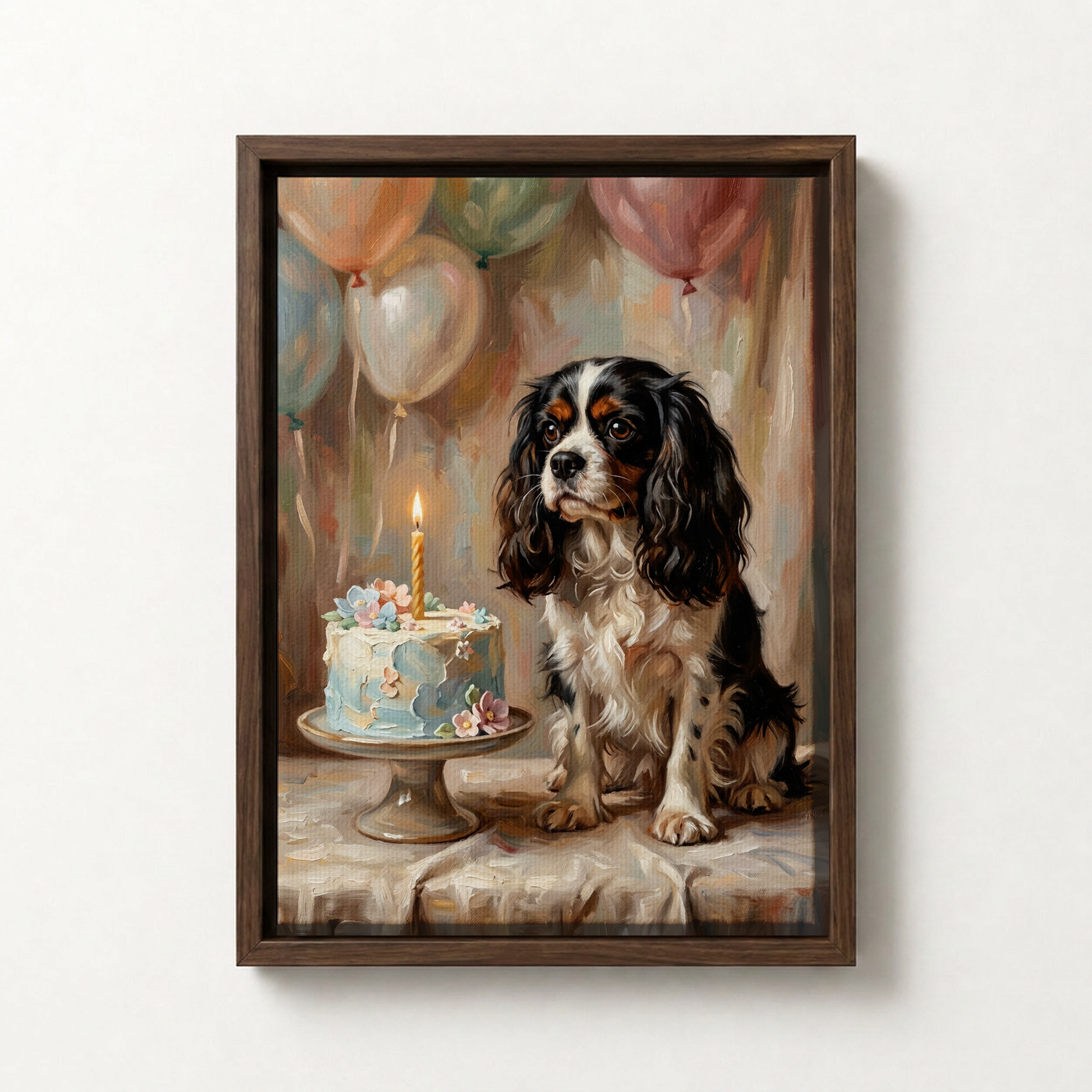 Goodboy Gallery product photo - Birthday Cake Pink Portrait for Small Pets - Framed Canvas - Dark Wood