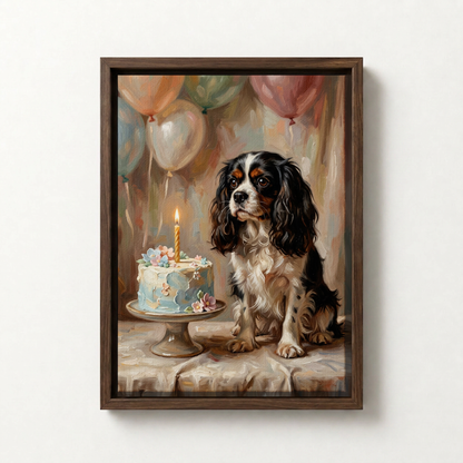 Goodboy Gallery product photo - Birthday Cake Pink Portrait for Small Pets - Framed Canvas - Dark Wood