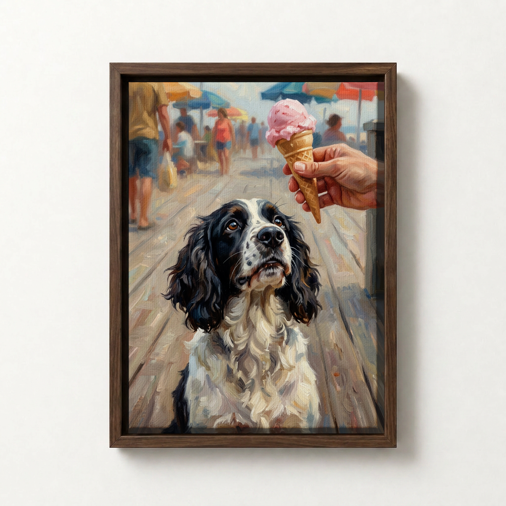 Goodboy Gallery product photo - Boardwalk Ice Cream Portrait for 1 Pet - Framed Canvas - Dark Wood