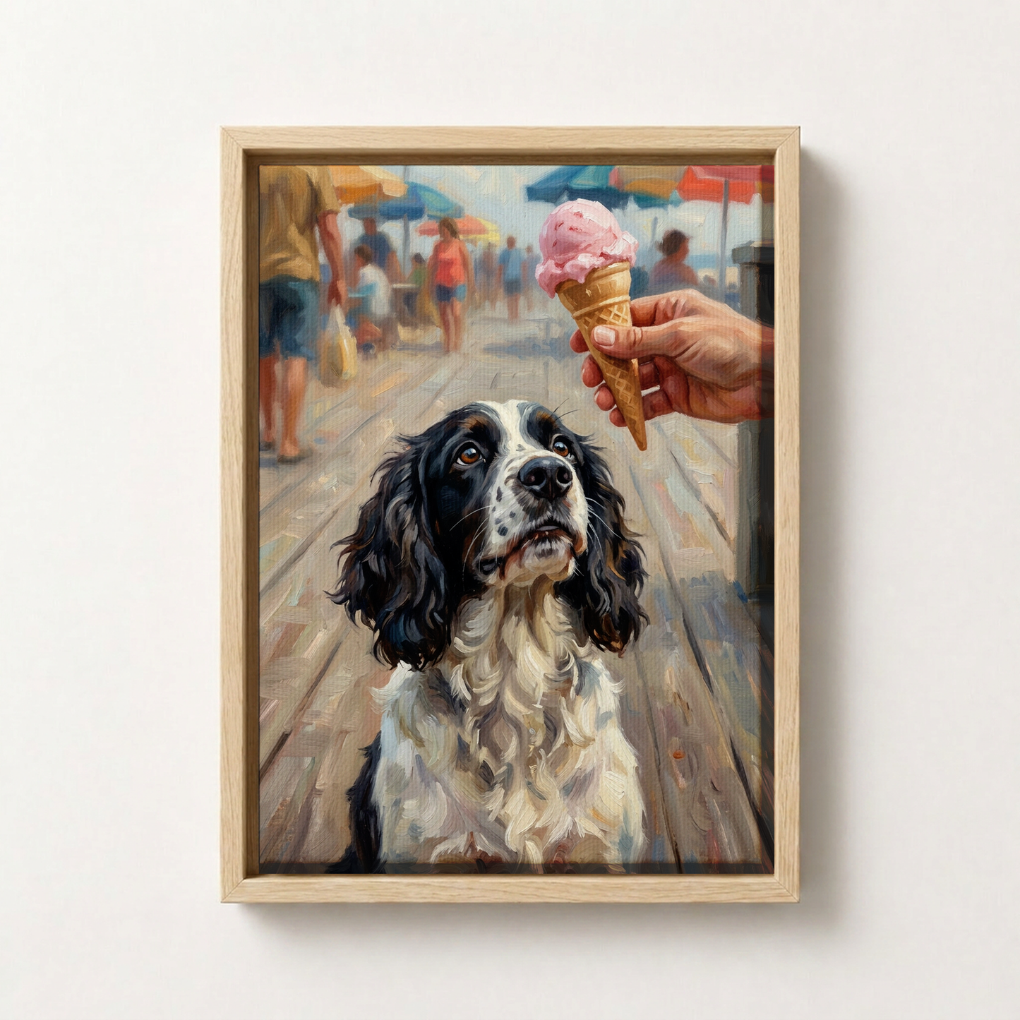 Goodboy Gallery product photo - Boardwalk Ice Cream Portrait for 1 Pet - Framed Canvas - Light Wood