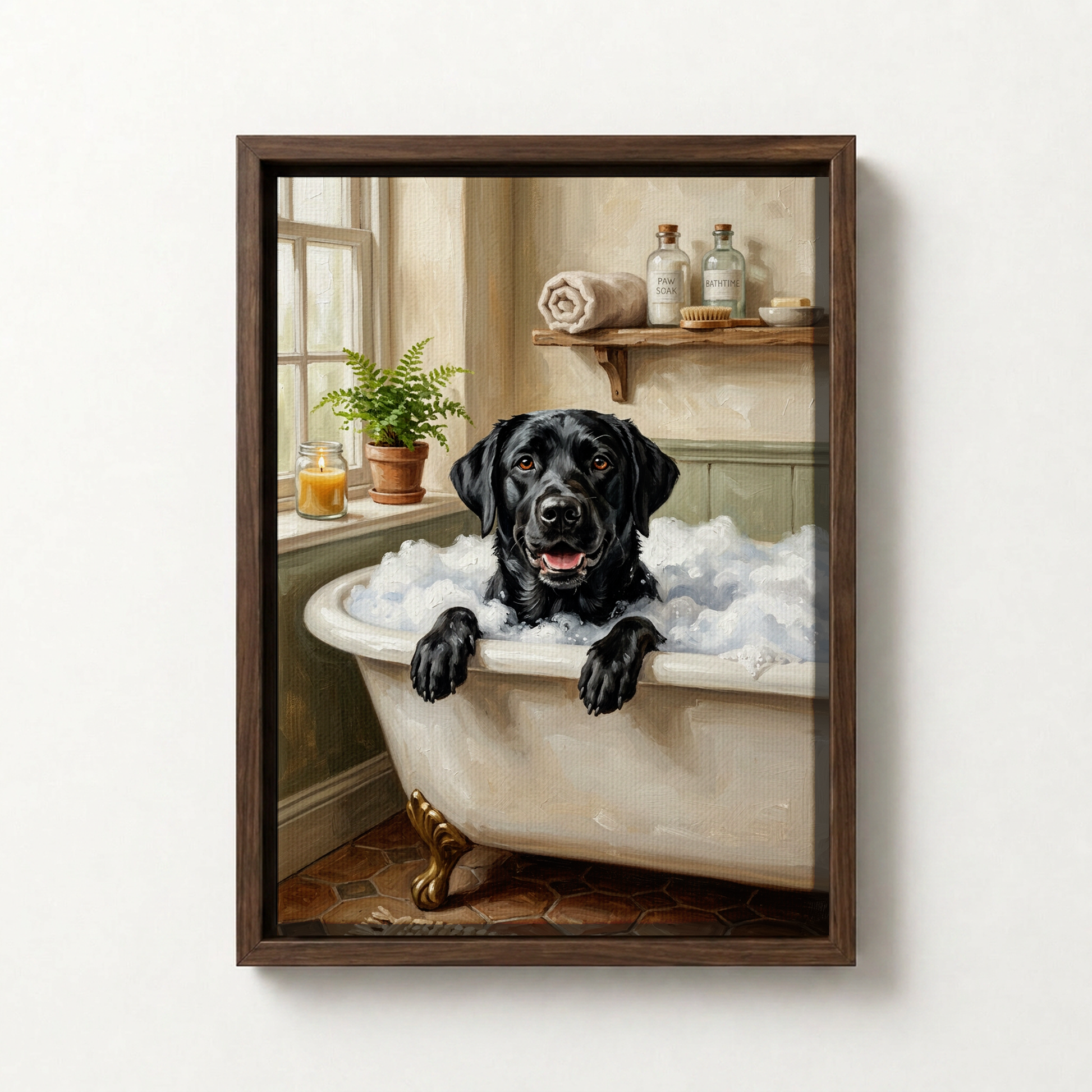 Goodboy Gallery product photo - Bubble Bath Portrait for 1 Pet - Framed Canvas - Dark Wood