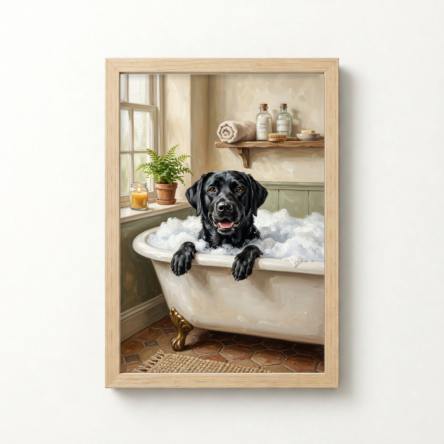 Goodboy Gallery product photo - Bubble Bath Portrait for 1 Pet - Framed Poster - Light Wood