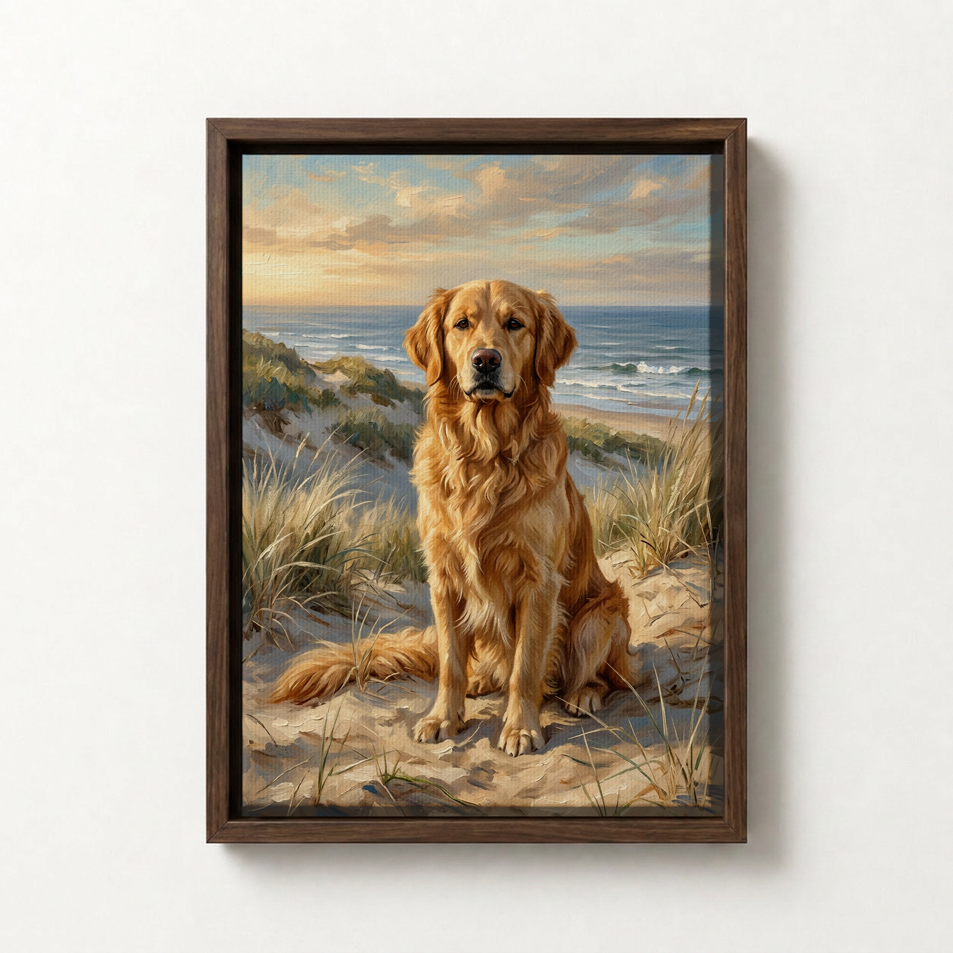 Goodboy Gallery product photo - Coastal Dunes Portrait for 1 Pet - Framed Canvas - Dark Wood