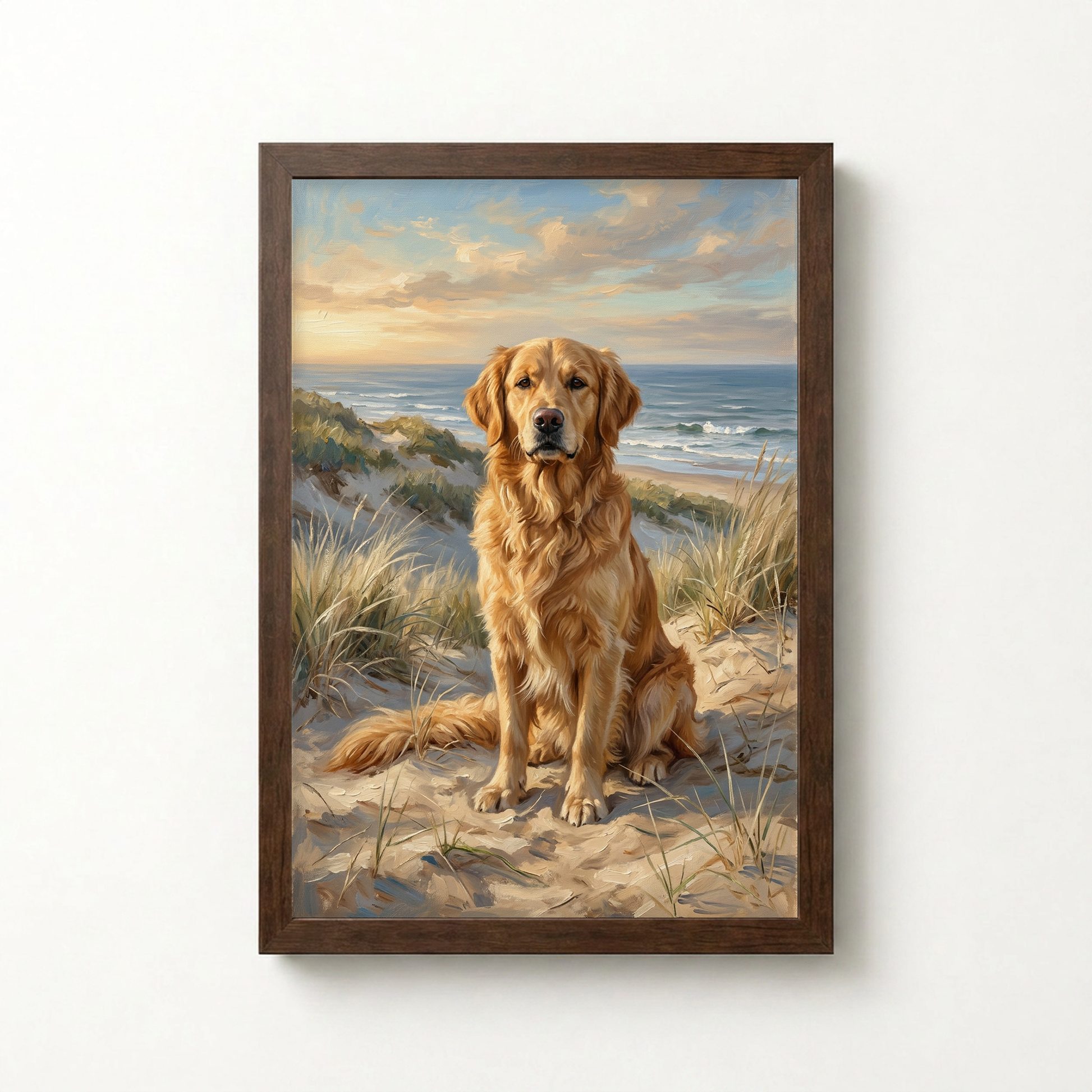 Goodboy Gallery product photo - Coastal Dunes Portrait for 1 Pet - Framed Poster - Dark Wood