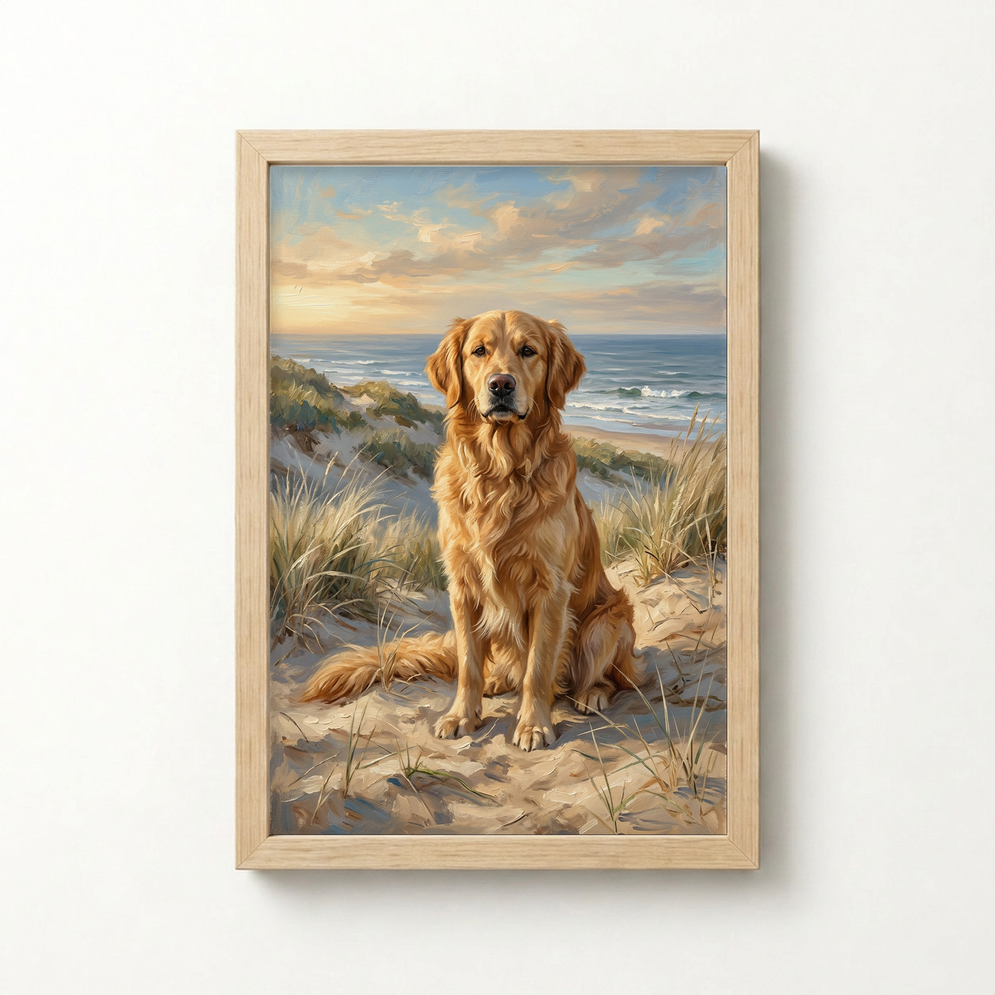 Goodboy Gallery product photo - Coastal Dunes Portrait for 1 Pet - Framed Poster - Light Wood