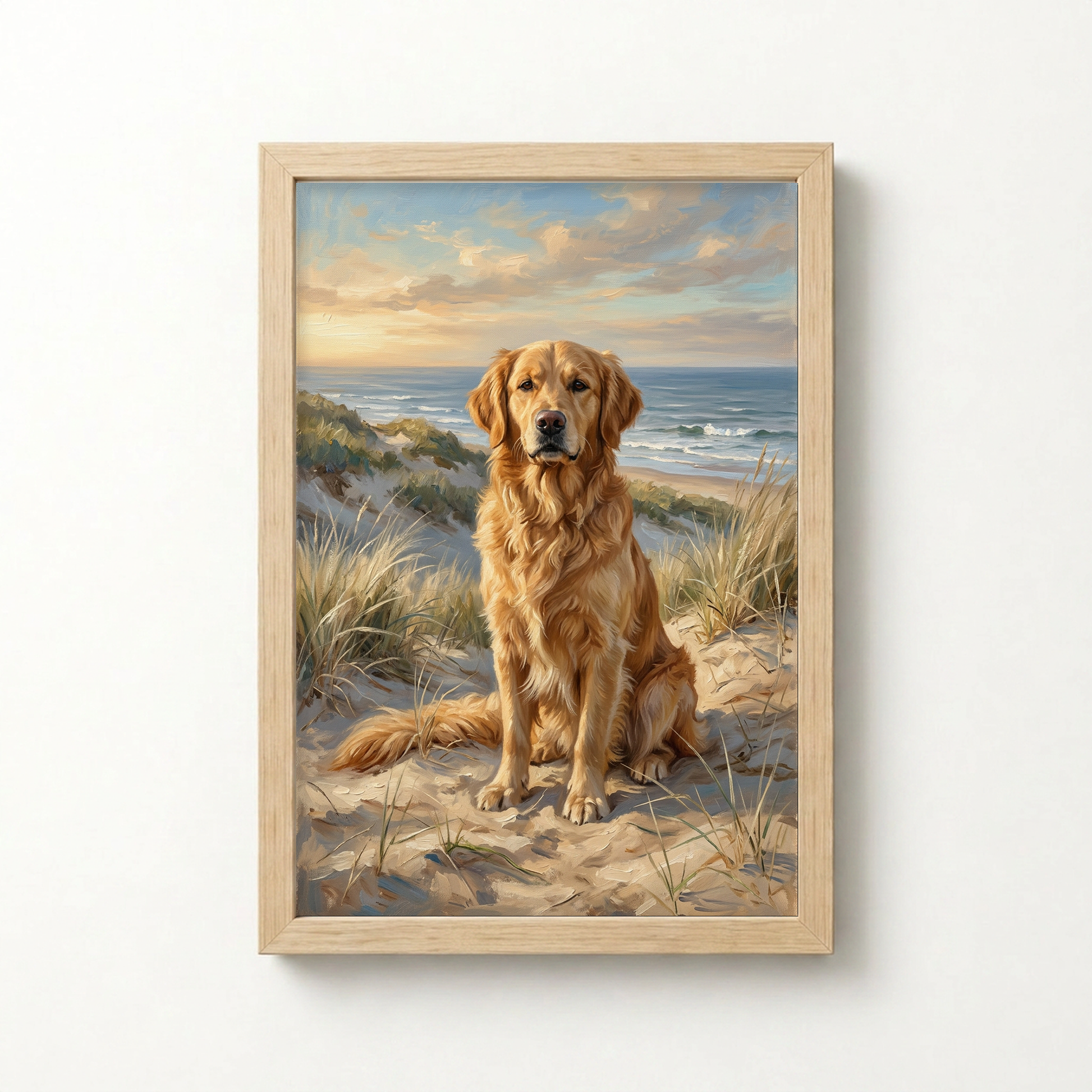 Goodboy Gallery product photo - Coastal Dunes Portrait for 1 Pet - Framed Poster - Light Wood