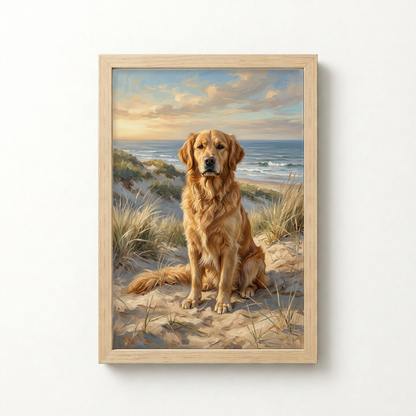 Goodboy Gallery product photo - Coastal Dunes Portrait for 1 Pet - Framed Poster - Light Wood