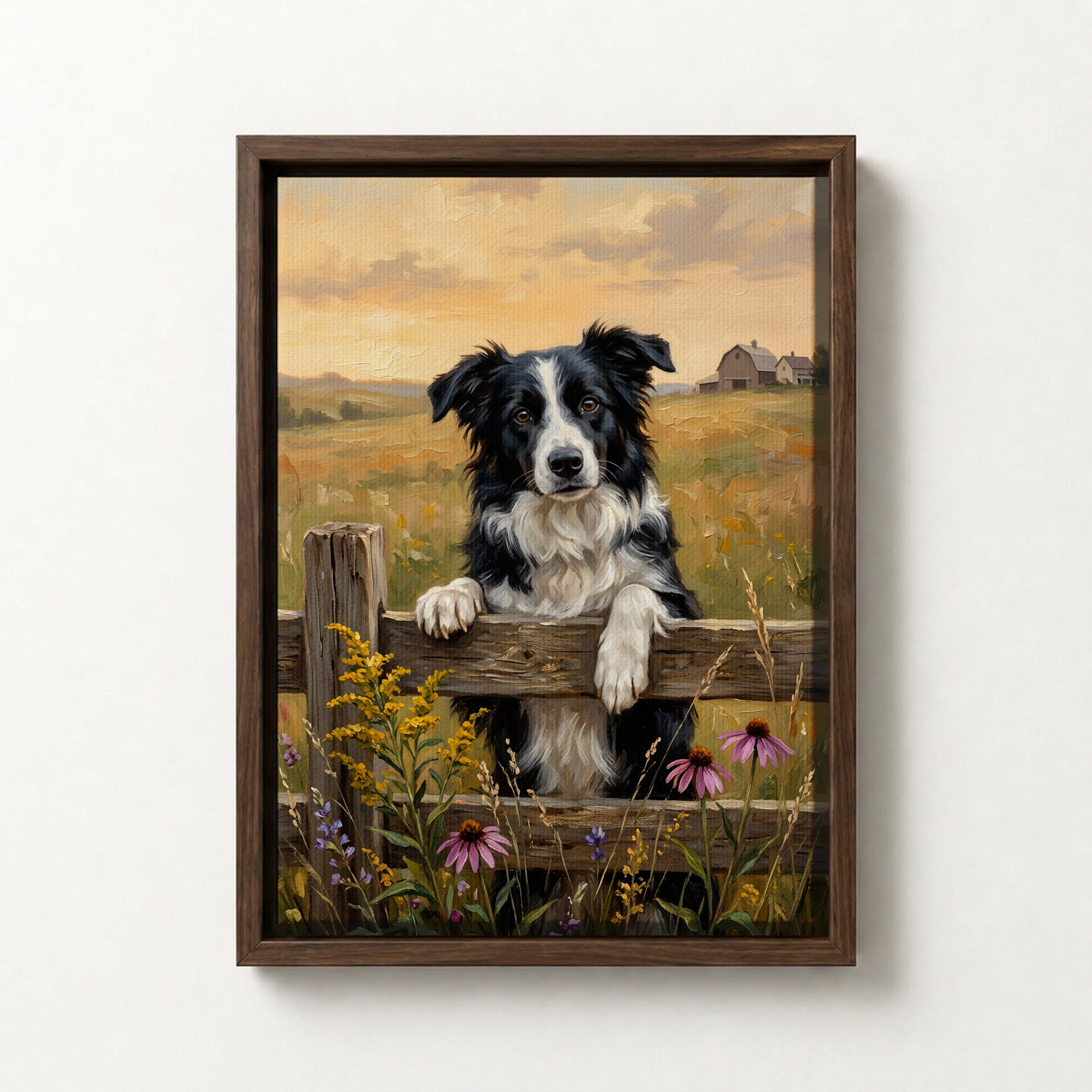 Goodboy Gallery product photo - Flower Fence Portrait for 1 Pet - Framed Canvas - Dark Wood