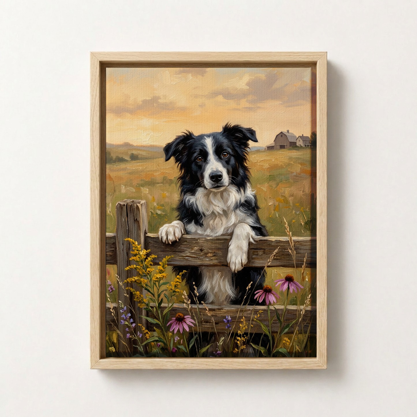 Goodboy Gallery product photo - Flower Fence Portrait for 1 Pet - Framed Canvas - Light Wood
