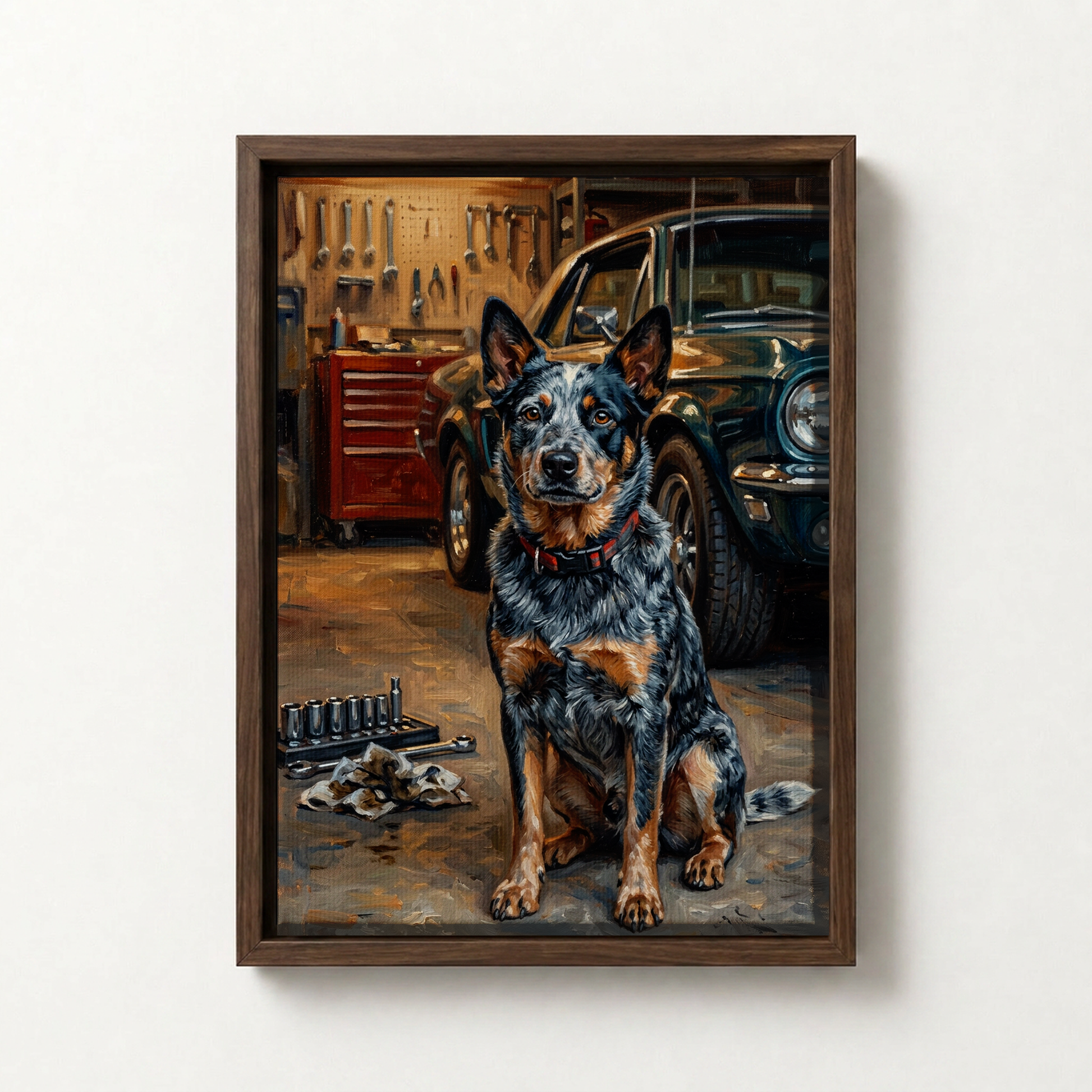 Goodboy Gallery product photo - Garage Helper Portrait for 1 Pet - Framed Canvas - Dark Wood