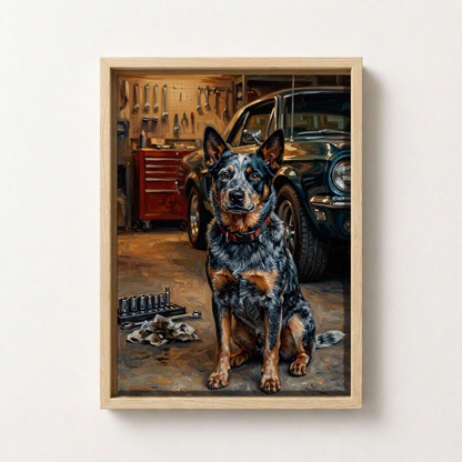 Goodboy Gallery product photo - Garage Helper Portrait for 1 Pet - Framed Canvas - Light Wood