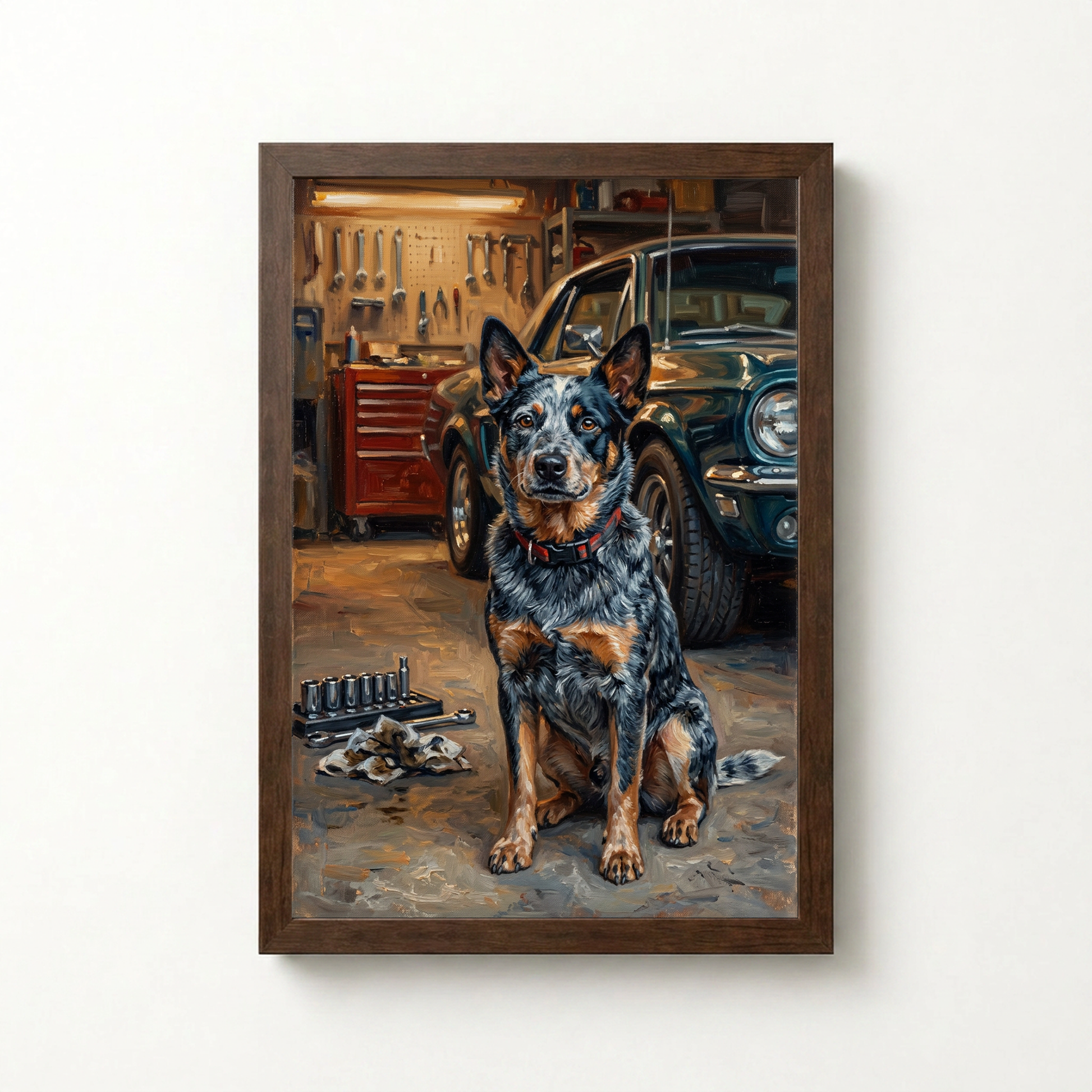 Goodboy Gallery product photo - Garage Helper Portrait for 1 Pet - Framed Poster - Dark Wood