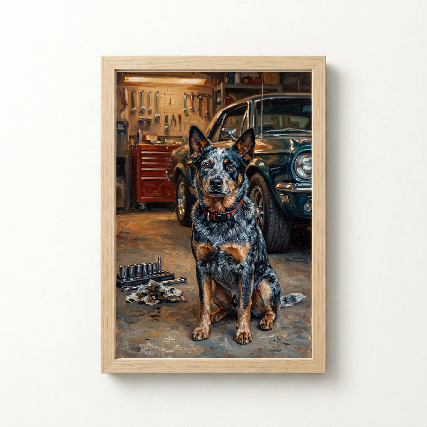 Goodboy Gallery product photo - Garage Helper Portrait for 1 Pet - Framed Poster - Light Wood