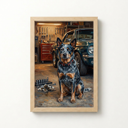 Goodboy Gallery product photo - Garage Helper Portrait for 1 Pet - Framed Poster - Light Wood