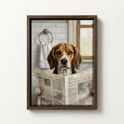 Goodboy Gallery product photo - Morning Paper Portrait for 1 Pet - Framed Canvas - Dark Wood