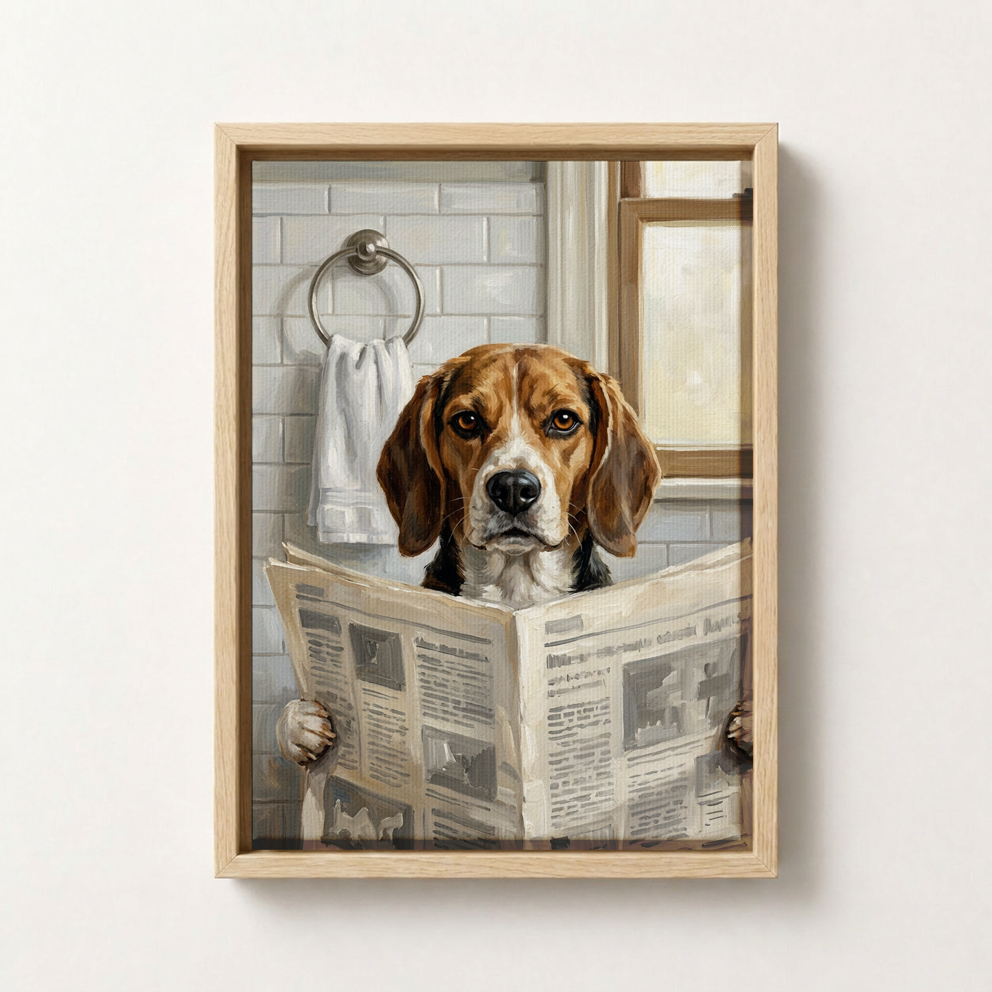 Goodboy Gallery product photo - Morning Paper Portrait for 1 Pet - Framed Canvas - Light Wood