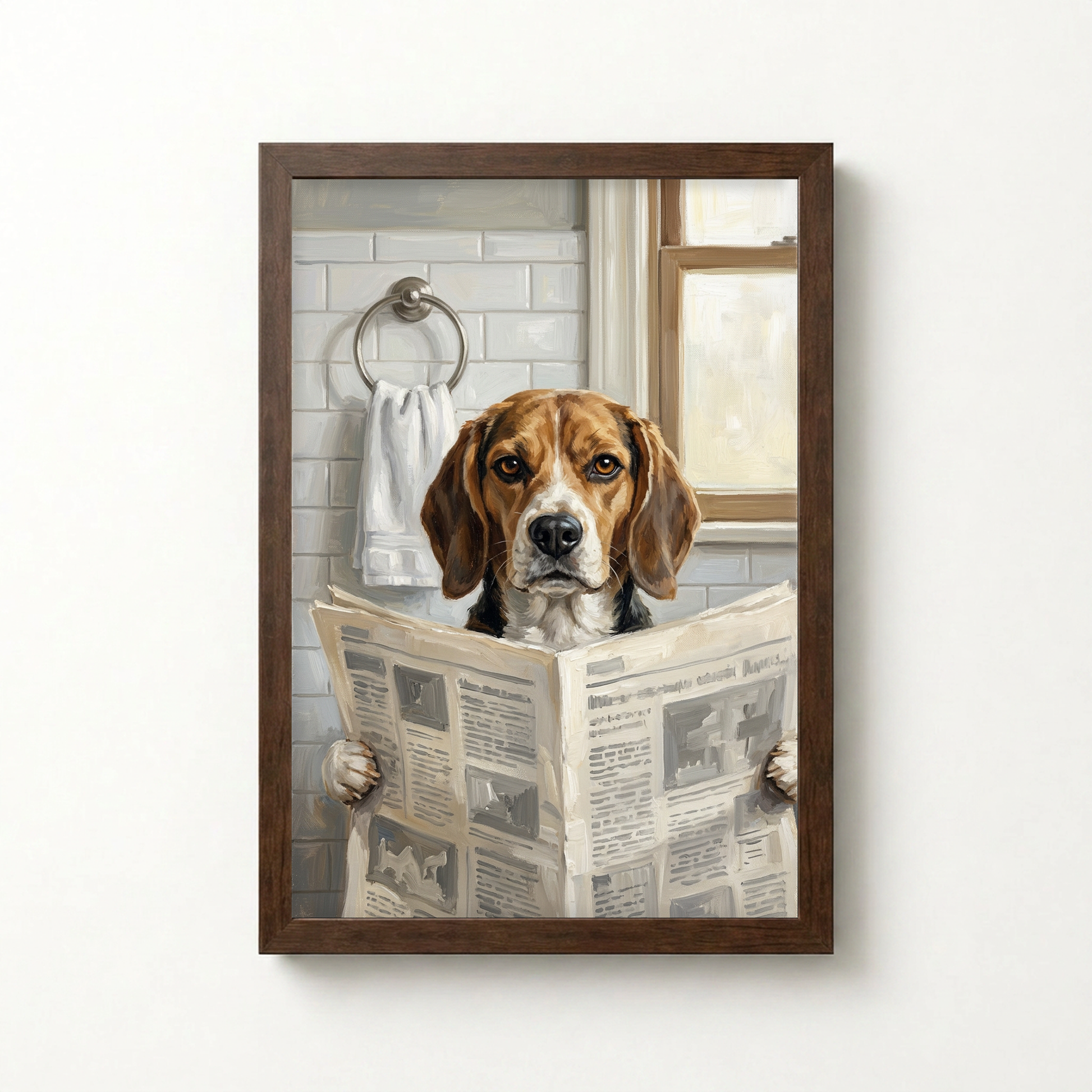 Goodboy Gallery product photo - Morning Paper Portrait for 1 Pet - Framed Poster - Dark Wood