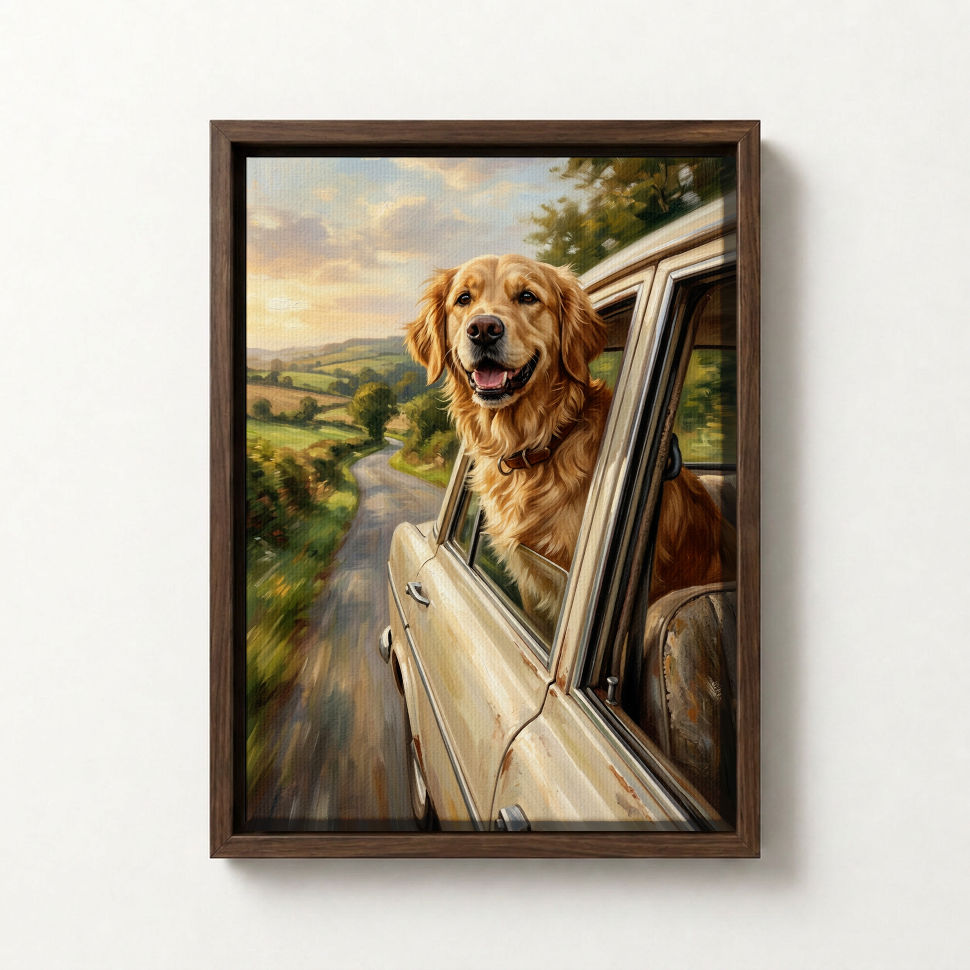 Goodboy Gallery product photo - Sunday Drive Portrait for 1 Pet - Framed Canvas - Dark Wood