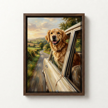 Goodboy Gallery product photo - Sunday Drive Portrait for 1 Pet - Framed Canvas - Dark Wood