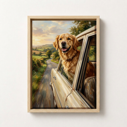 Goodboy Gallery product photo - Sunday Drive Portrait for 1 Pet - Framed Canvas - Light Wood