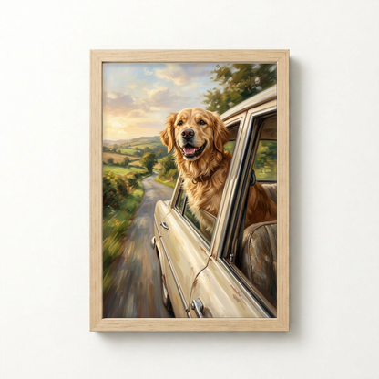 Goodboy Gallery product photo - Sunday Drive Portrait for 1 Pet - Framed Poster - Light Wood