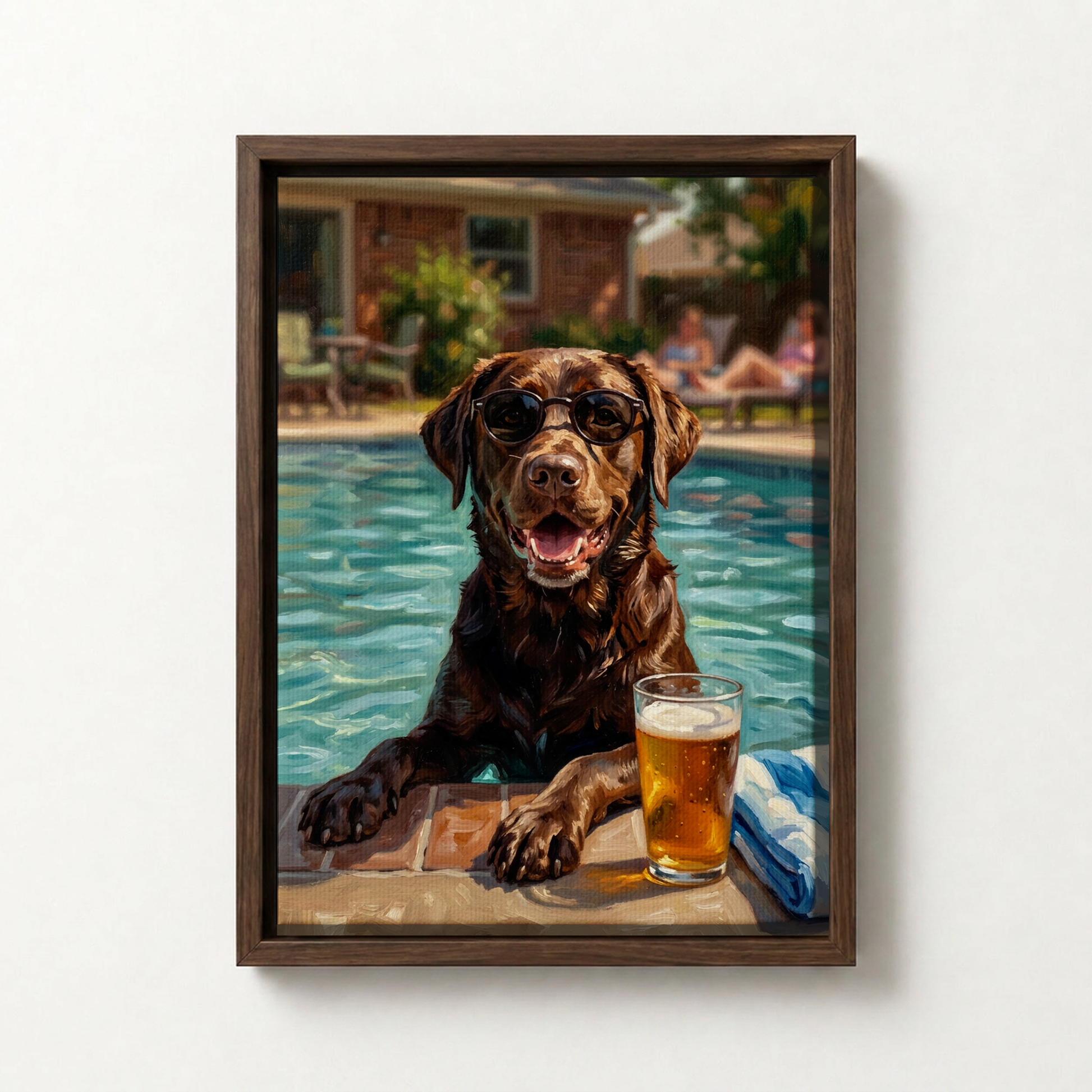 Goodboy Gallery product photo - Poolside Dad Mode Custom Pet Portrait Print - 1 Pet - Framed Canvas - Dark Wood